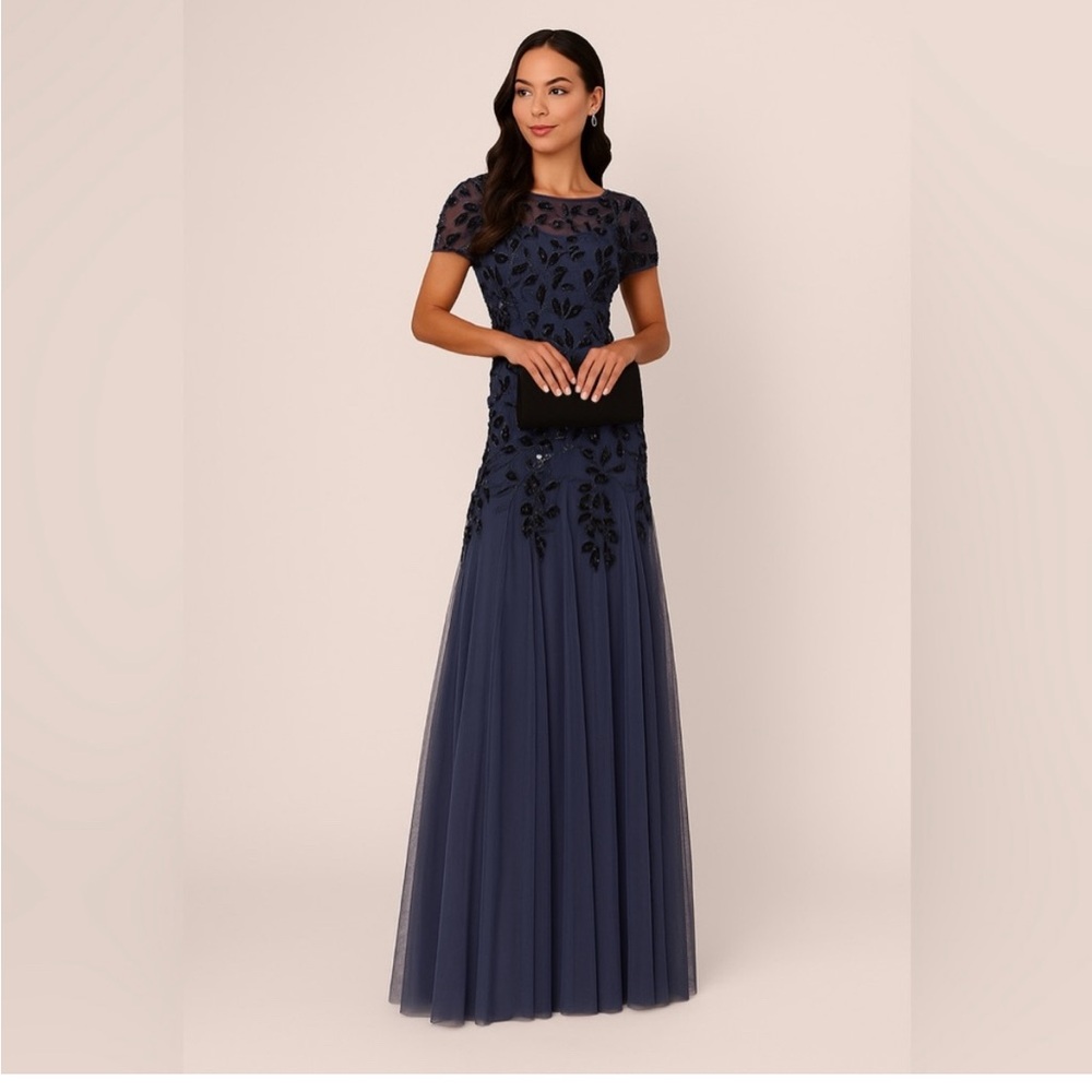 Adrianna Papell Smoky Periwinkle Blue Beaded Formal Gown NWT Size 16 MOB GALA